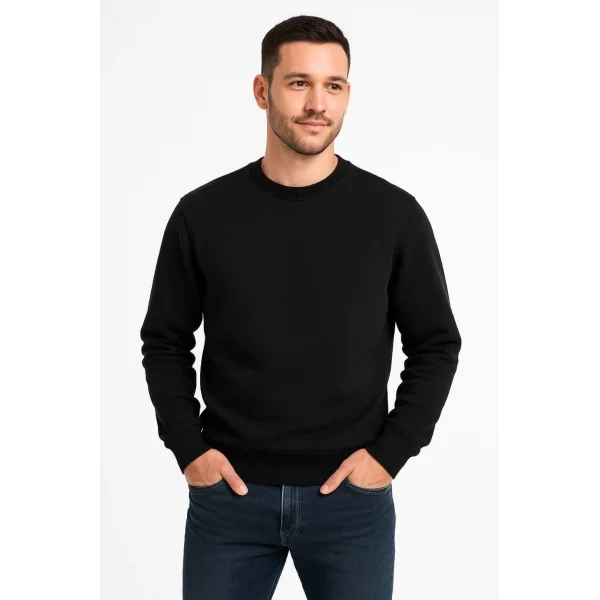 Erkek Üç İplik Düz Bisiklet Yaka SweatShirt - Siyah