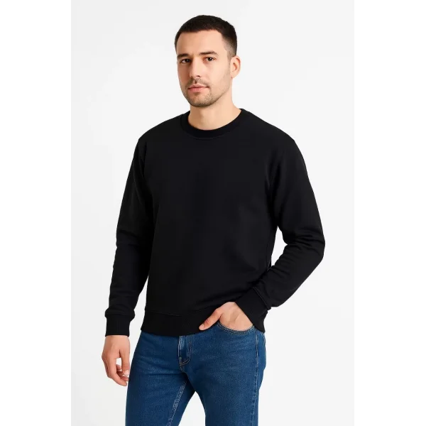 Erkek Üç İplik Düz Bisiklet Yaka SweatShirt - Siyah