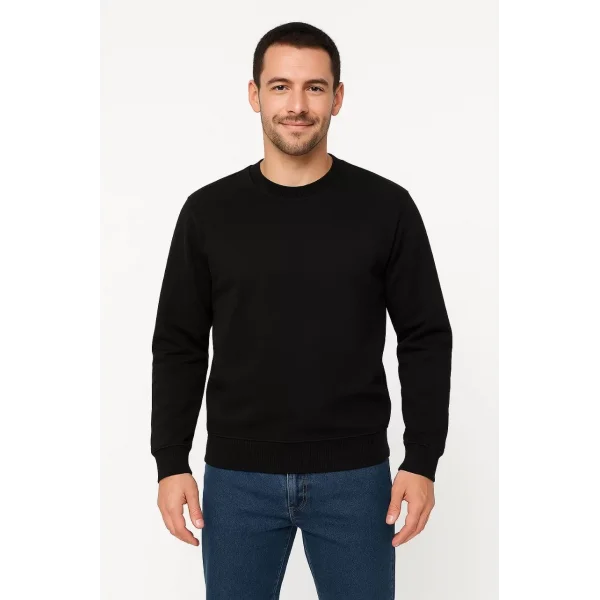 Erkek Üç İplik Düz Bisiklet Yaka SweatShirt - Siyah