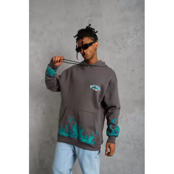 Erkek Üç İplik İçi Pamuklu Alev Baskılı Kapüşonlu Sweatshirt - Gri