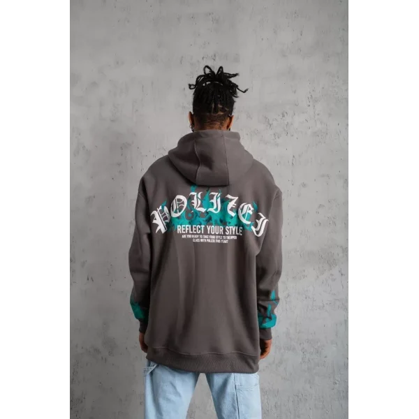 Erkek Üç İplik İçi Pamuklu Alev Baskılı Kapüşonlu Sweatshirt - Gri