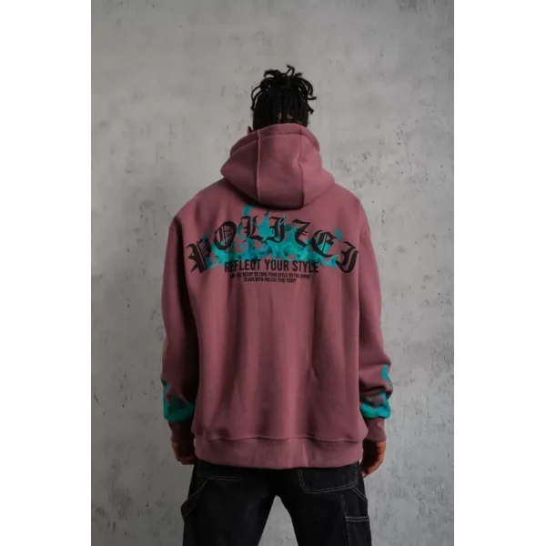 Erkek Üç İplik içi Pamuklu Alev Baskılı Kapüşonlu Sweatshirt - Gül Kurusu