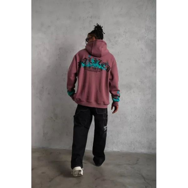 Erkek Üç İplik içi Pamuklu Alev Baskılı Kapüşonlu Sweatshirt - Gül Kurusu