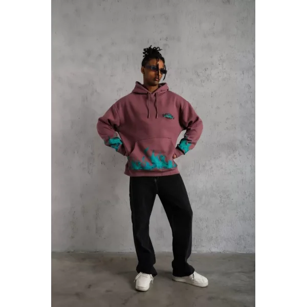 Erkek Üç İplik içi Pamuklu Alev Baskılı Kapüşonlu Sweatshirt - Gül Kurusu