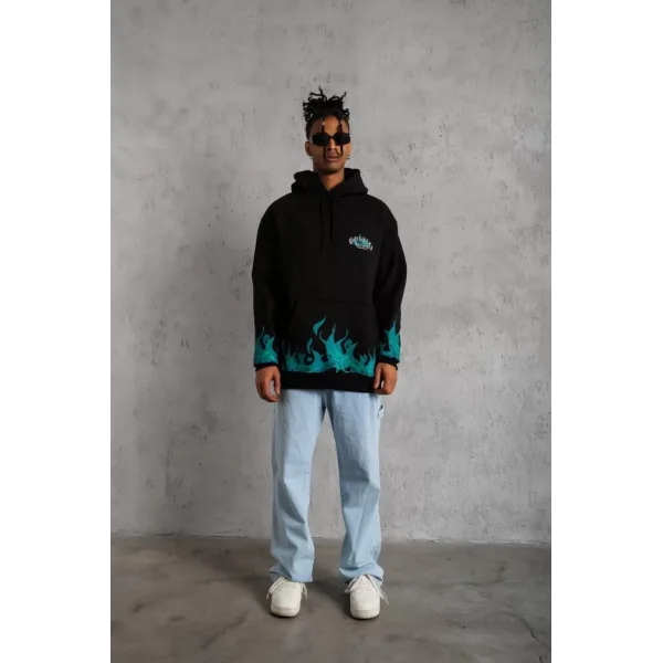 Erkek Üç İplik İçi Pamuklu Alev Baskılı Kapüşonlu Sweatshirt - Siyah