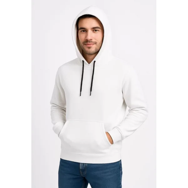 Erkek Üç İplik Kapüşonlu Kanguru Cepli SweatShirt hoodie - Beyaz