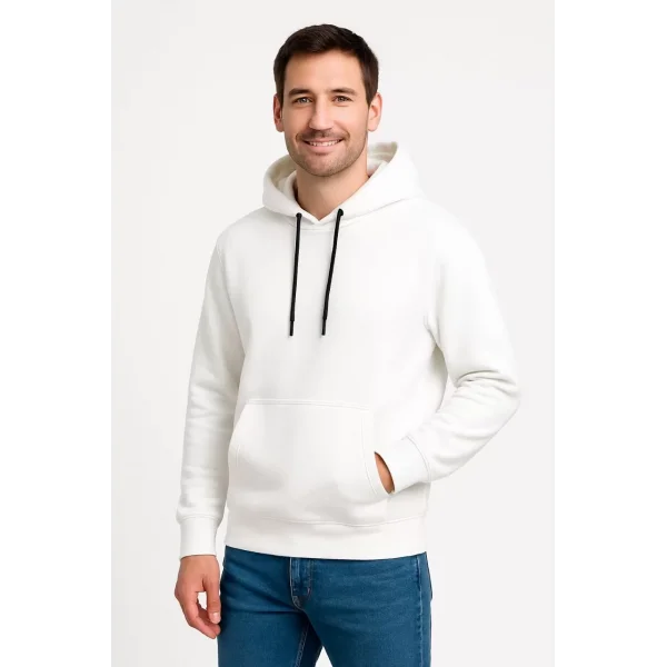 Erkek Üç İplik Kapüşonlu Kanguru Cepli SweatShirt hoodie - Beyaz