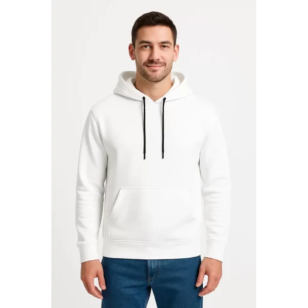Erkek Üç İplik Kapüşonlu Kanguru Cepli SweatShirt hoodie - Beyaz