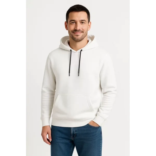 Erkek Üç İplik Kapüşonlu Kanguru Cepli SweatShirt hoodie - Beyaz