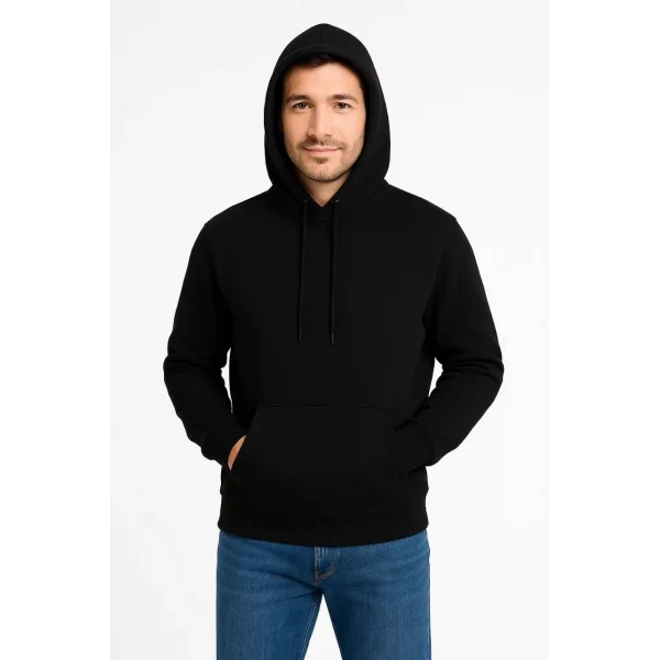 Erkek Üç İplik Kapüşonlu Kanguru Cepli SweatShirt hoodie - Siyah