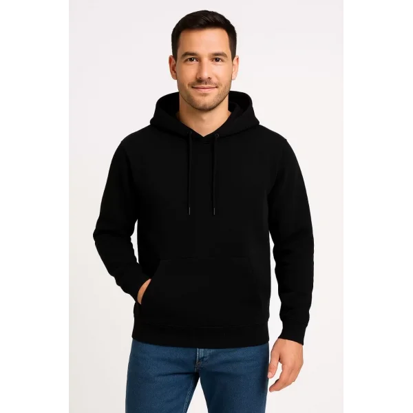 Erkek Üç İplik Kapüşonlu Kanguru Cepli SweatShirt hoodie - Siyah