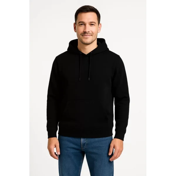 Erkek Üç İplik Kapüşonlu Kanguru Cepli SweatShirt hoodie - Siyah