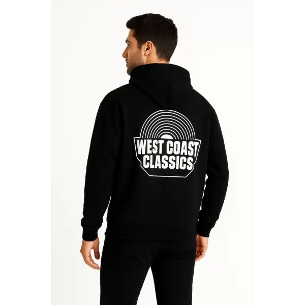 Erkek Kapşonlu Sweatshirt – Oversize Üç İplik Şardonlu Hoodie, “West Coast Classics” Ön & Arka Baskılı, Kanguru Cepli Kışlık Günlük Stil - Siyah