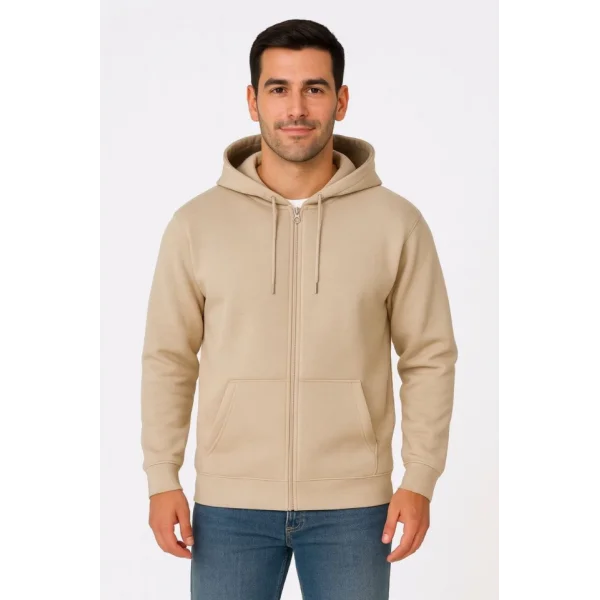 Erkek Üç İplik Kapüşonlu Tam Fermuarlı Kanguru Çepli SweatShirt Hoodie - Bej