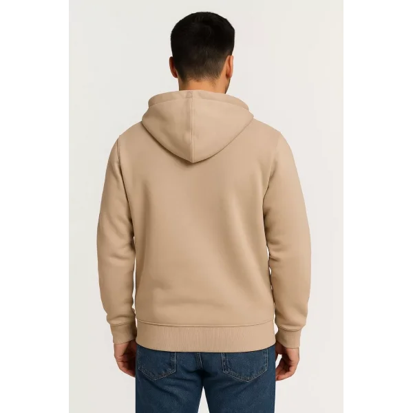 Erkek Üç İplik Kapüşonlu Tam Fermuarlı Kanguru Çepli SweatShirt Hoodie - Bej