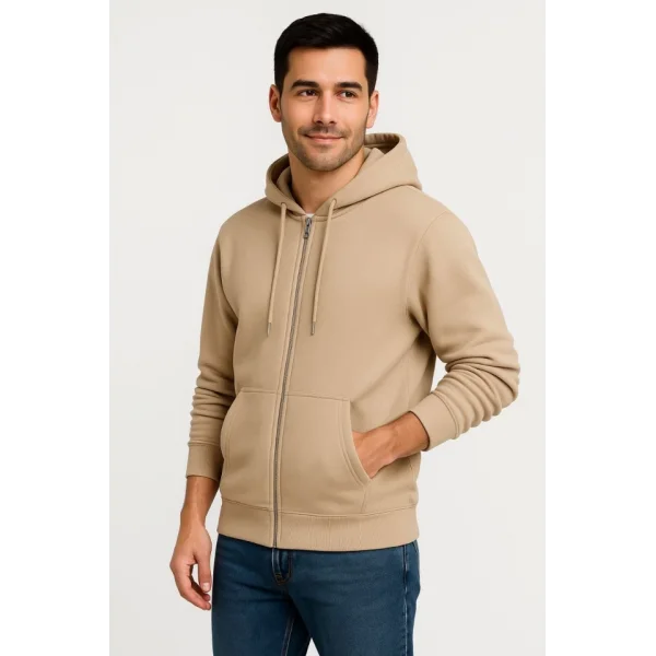 Erkek Üç İplik Kapüşonlu Tam Fermuarlı Kanguru Çepli SweatShirt Hoodie - Bej