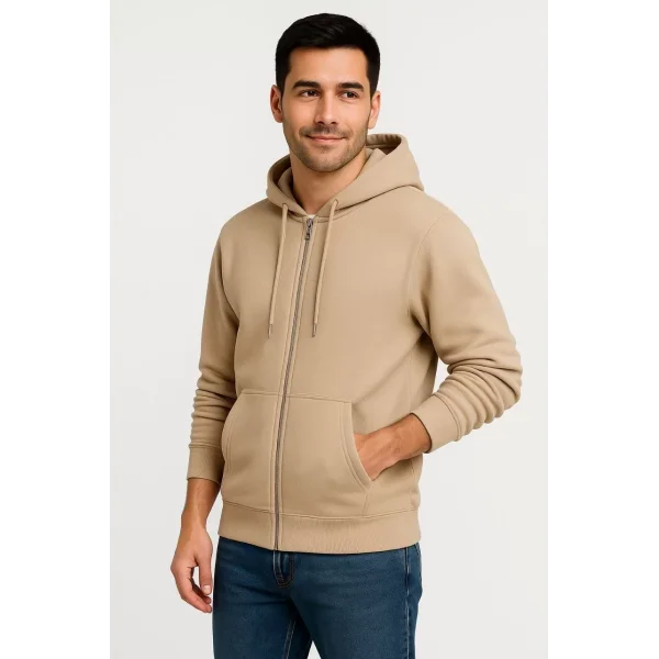 Erkek Üç İplik Kapüşonlu Tam Fermuarlı Kanguru Çepli SweatShirt Hoodie - Bej