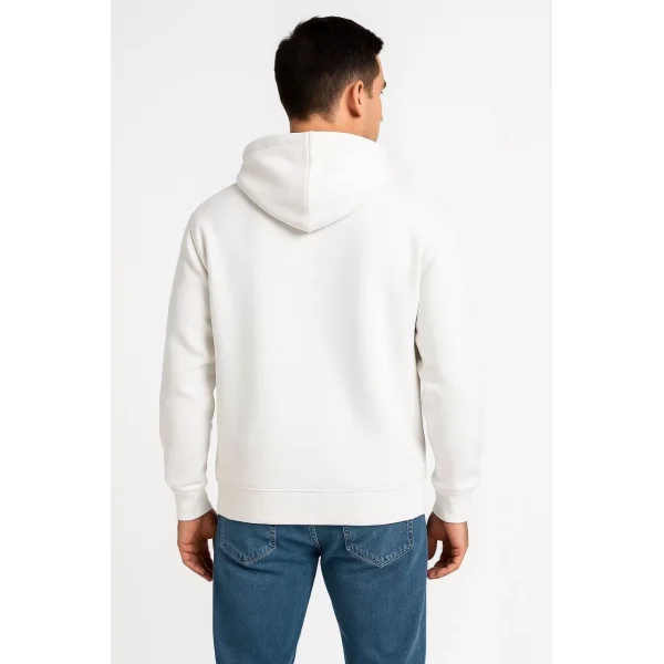 Erkek Üç İplik Kapüşonlu Tam Fermuarlı Kanguru Cepli SweatShirt Hoodie - Beyaz