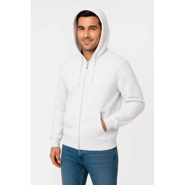 Erkek Üç İplik Kapüşonlu Tam Fermuarlı Kanguru Çepli SweatShirt Hoodie - Beyaz