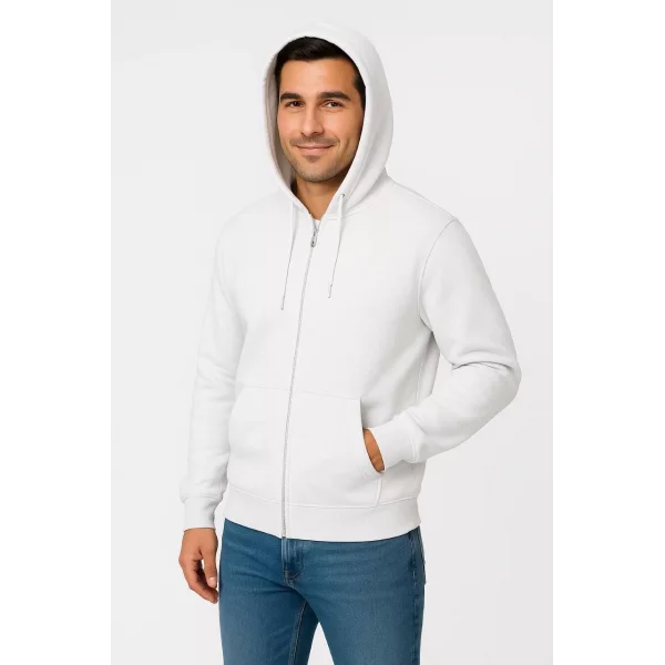 Erkek Üç İplik Kapüşonlu Tam Fermuarlı Kanguru Cepli SweatShirt Hoodie - Beyaz