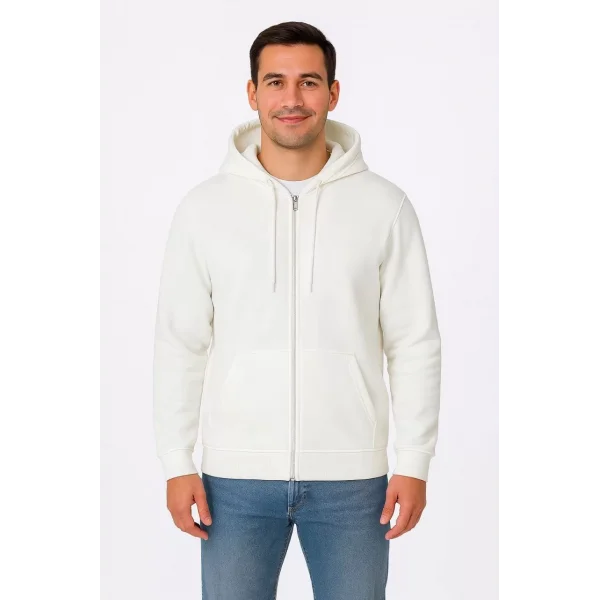 Erkek Üç İplik Kapüşonlu Tam Fermuarlı Kanguru Cepli SweatShirt Hoodie - Beyaz