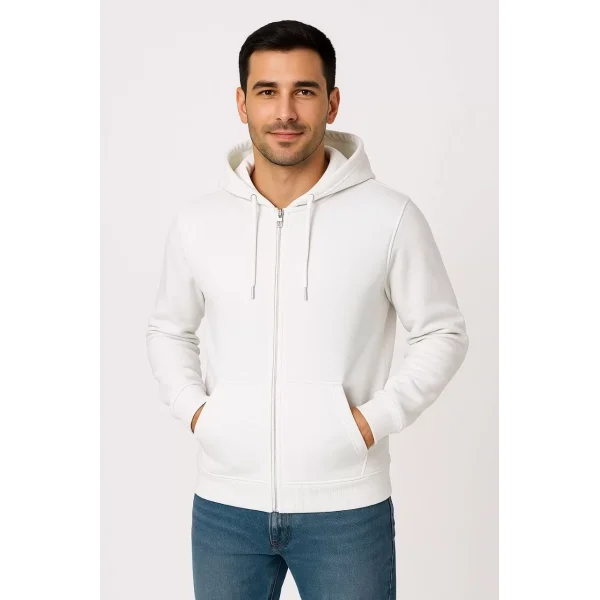 Erkek Üç İplik Kapüşonlu Tam Fermuarlı Kanguru Cepli SweatShirt Hoodie - Beyaz