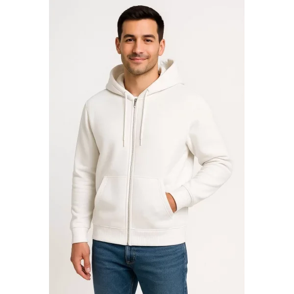 Erkek Üç İplik Kapüşonlu Tam Fermuarlı Kanguru Cepli SweatShirt Hoodie - Beyaz