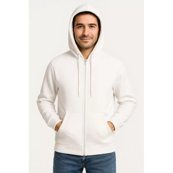 Erkek Üç İplik Kapüşonlu Tam Fermuarlı Kanguru Cepli SweatShirt Hoodie - Beyaz