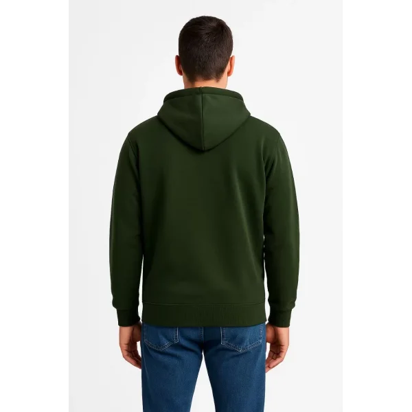 Erkek Üç İplik Kapüşonlu Tam Fermuarlı Kanguru Cepli Sweatshirt Hoodie - Haki