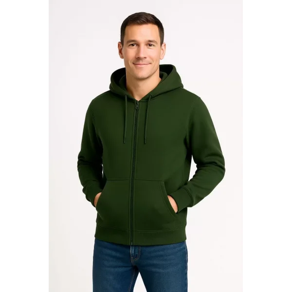 Erkek Üç İplik Kapüşonlu Tam Fermuarlı Kanguru Cepli Sweatshirt Hoodie - Haki