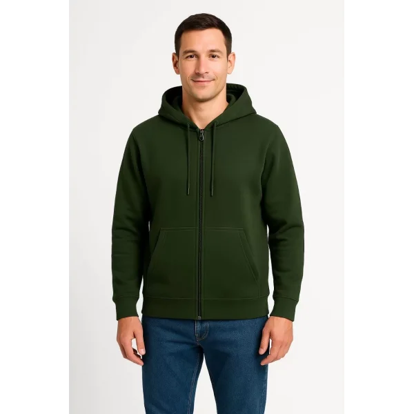 Erkek Üç İplik Kapüşonlu Tam Fermuarlı Kanguru Cepli Sweatshirt Hoodie - Haki