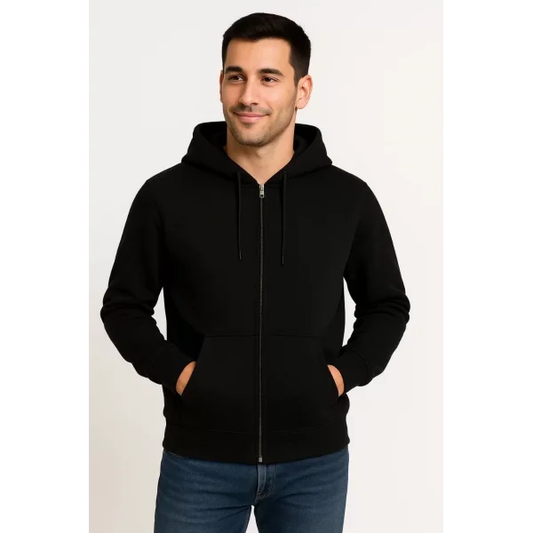 Erkek Üç İplik Kapüşonlu Tam Fermuarlı Kanguru Çepli SweatShirt Hoodie - Siyah