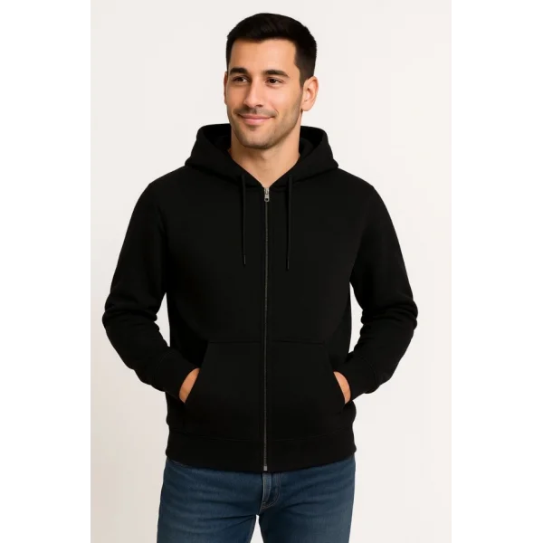 Erkek Üç İplik Kapüşonlu Tam Fermuarlı Kanguru Çepli SweatShirt Hoodie - Siyah