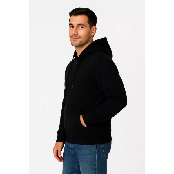 Erkek Üç İplik Kapüşonlu Tam Fermuarlı Kanguru Çepli SweatShirt Hoodie - Siyah
