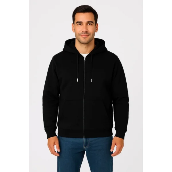 Erkek Üç İplik Kapüşonlu Tam Fermuarlı Kanguru Çepli SweatShirt Hoodie - Siyah