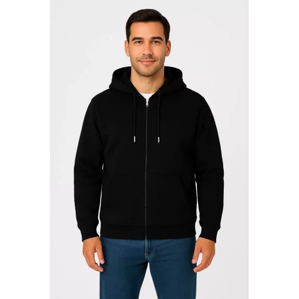 Erkek Üç İplik Kapüşonlu Tam Fermuarlı Kanguru Çepli SweatShirt Hoodie - Siyah