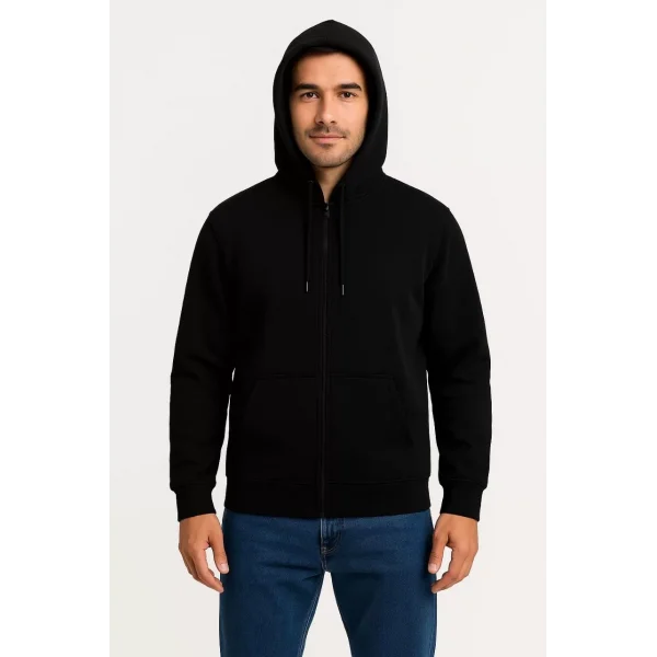 Erkek Üç İplik Kapüşonlu Tam Fermuarlı Kanguru Çepli SweatShirt Hoodie - Siyah