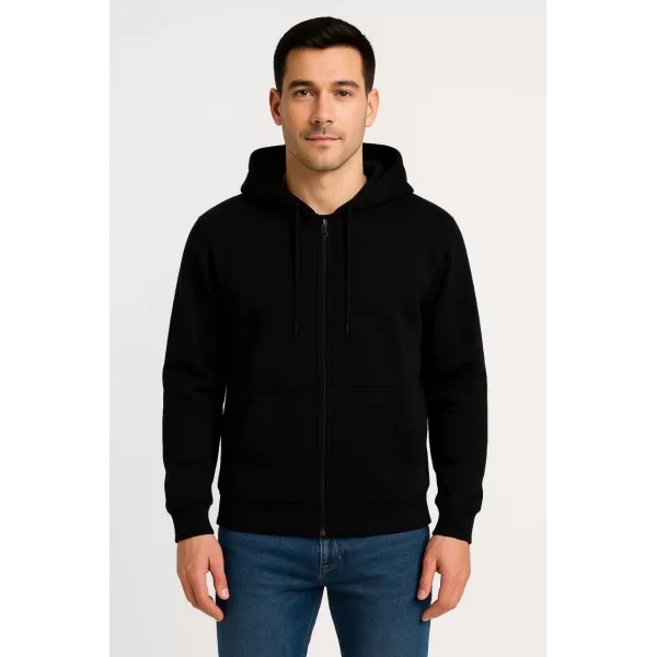 Erkek Üç İplik Kapüşonlu Tam Fermuarlı Kanguru Çepli SweatShirt Hoodie - Siyah