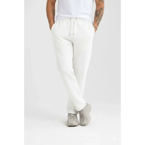 Erkek Üç iplik Kışlık Pamuklu Ovarsize Bağcıklı Düz Paça Cepli Eşofman Altı Spor Rahat Model - Beyaz