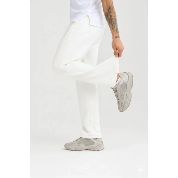 Erkek Üç Iplik Kışlık Pamuklu Ovarsize Bağcıklı Düz Paça Cepli Eşofman Altı Spor Rahat Model - Beyaz