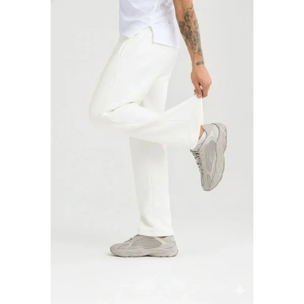 Erkek Üç iplik Kışlık Pamuklu Ovarsize Bağcıklı Düz Paça Cepli Eşofman Altı Spor Rahat Model - Beyaz