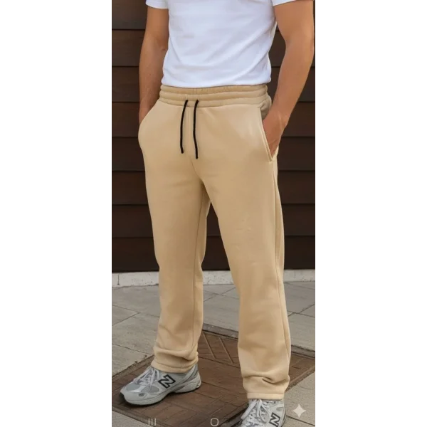 Erkek Üç iplik Kışlık Pamuklu Ovarsize Bağcıklı Düz Paça Cepli Eşofman Altı Spor Rahat Model - Bej