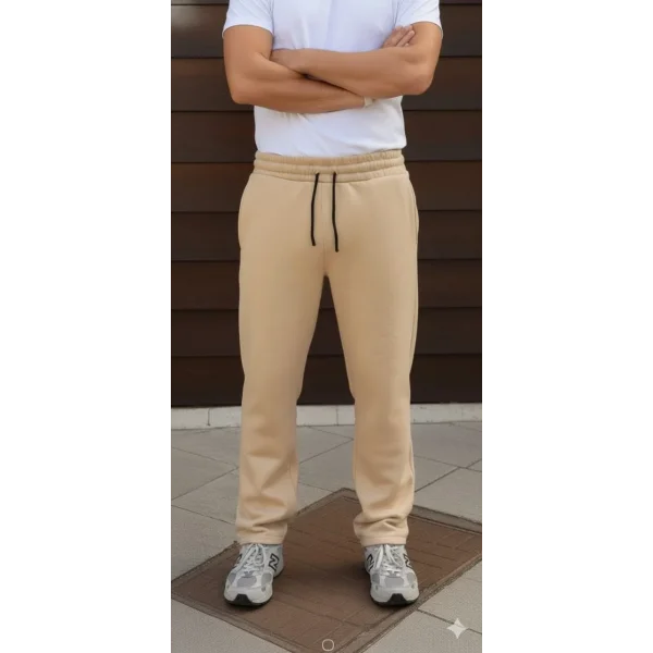 Erkek Üç iplik Kışlık Pamuklu Ovarsize Bağcıklı Düz Paça Cepli Eşofman Altı Spor Rahat Model - Bej