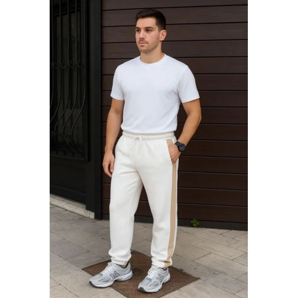 Erkek Üç İplik Kışlık Pamuklu Yandan Garneli Kalın Bej Şeritli Cepli Eşofman Altı - Beyaz