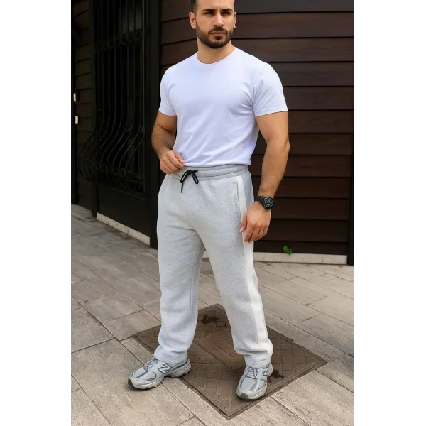 Erkek Üç İplik Kışlık Pamuklu Yandan Garneli Kalın Bej Şeritli Cepli Eşofman Altı - Gri