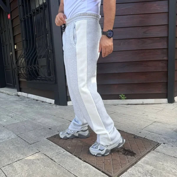 Erkek Üç İplik Kışlık Pamuklu Yandan Garneli Kalın Bej Şeritli Cepli Eşofman Altı - Gri