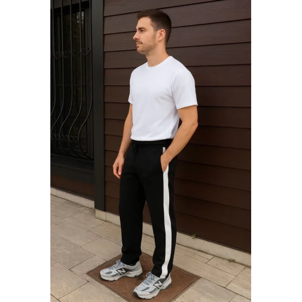 Erkek Üç İplik Kışlık Pamuklu Yandan Garneli Kalın Şeritli Cepli Eşofman Altı - Siyah