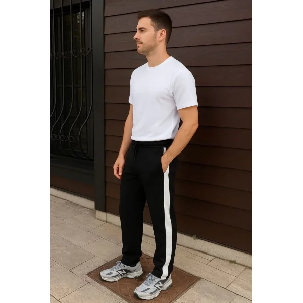 Erkek Üç İplik Kışlık Pamuklu Yandan Garneli Kalın Şeritli Cepli Eşofman Altı - Siyah