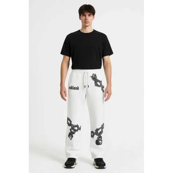 Erkek Üç İplik Pamuklu Baskılı Cepli Jogger Buggy Pantalon Oversize Kalıp - Beyaz