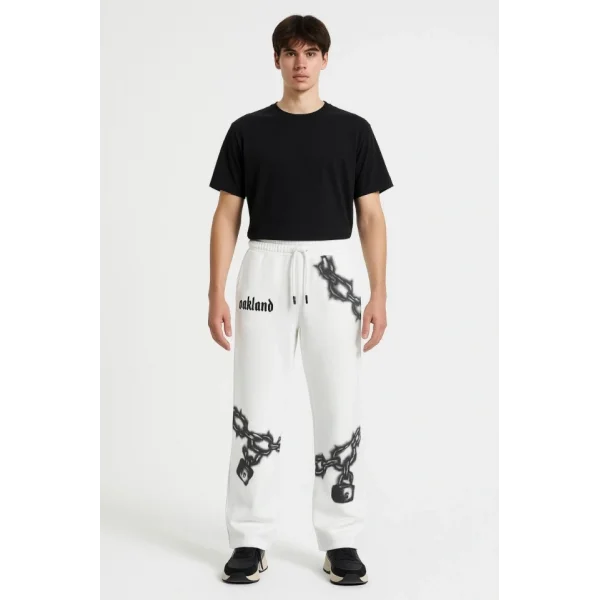 Erkek Üç İplik Pamuklu Baskılı Cepli Jogger Buggy Pantalon Oversize Kalıp - Beyaz